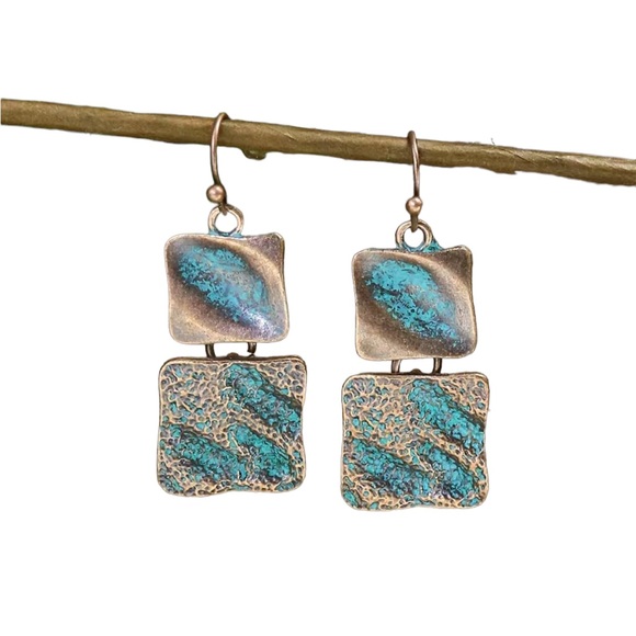 Bronze and Turquoise Square Drop Earrings - Picture 5 of 7